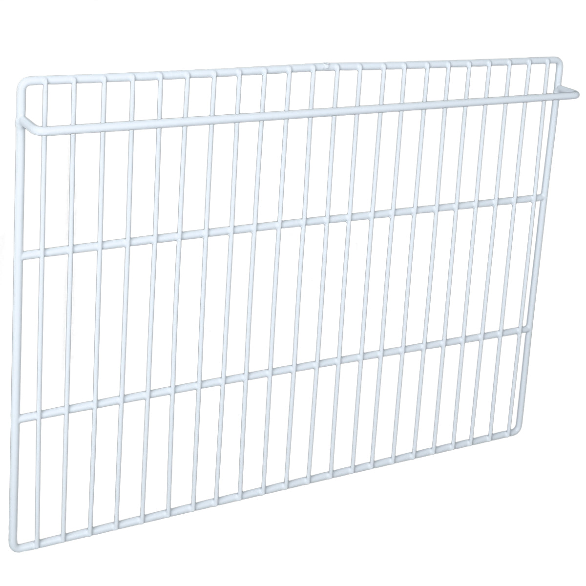 White wire shelf panel with a rectangular shape, featuring horizontal and vertical bars creating a grid pattern. This Left Shelf, compatible with Empura Refrigeration units, has an open design perfect for storage or organization.