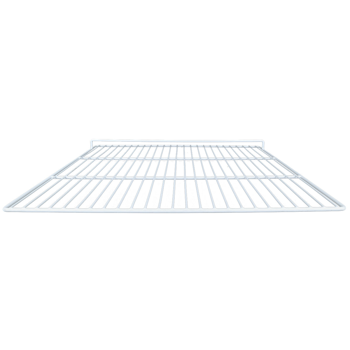 A white, rectangular wire shelf—possibly an Empura Parts Left Shelf—is shown from a low, straight-on angle. Its grid of evenly spaced metal rods and sturdy frame suggest its designed for Empura Refrigeration units. The background is plain and uncluttered.