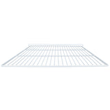 A white, rectangular wire shelf—possibly an Empura Parts Left Shelf—is shown from a low, straight-on angle. Its grid of evenly spaced metal rods and sturdy frame suggest its designed for Empura Refrigeration units. The background is plain and uncluttered.