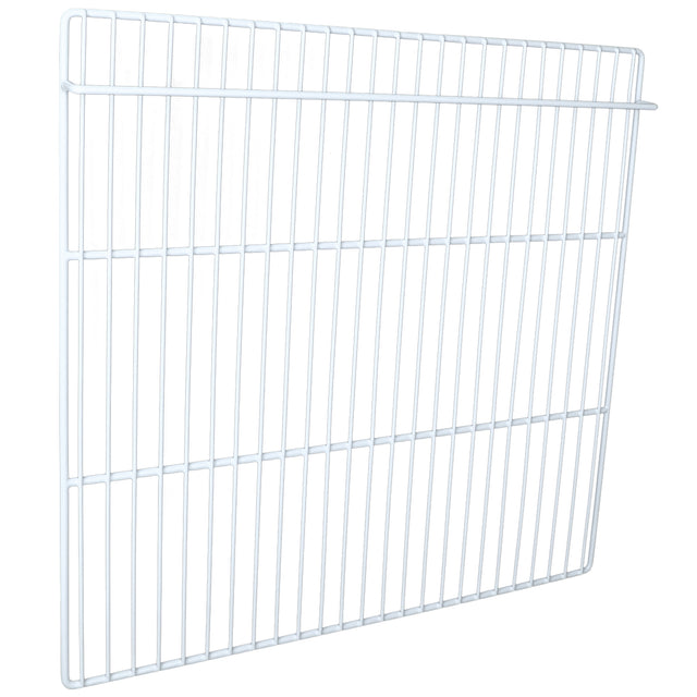 A white metal wire grid panel, often used as a Left Shelf in Empura Refrigeration units, features evenly spaced vertical and horizontal bars. Photographed against a plain background, the grid appears slightly tilted to show depth.