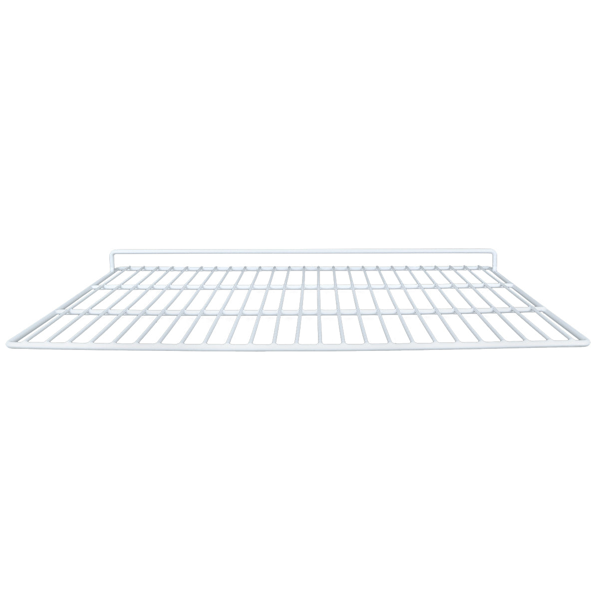 A white metal wire Right Shelf with a grid pattern, viewed from the front at a slight downward angle. The shelf has a small raised back edge for support and is designed for storage or organization in a closet, pantry, or similar space. E-KSP29.