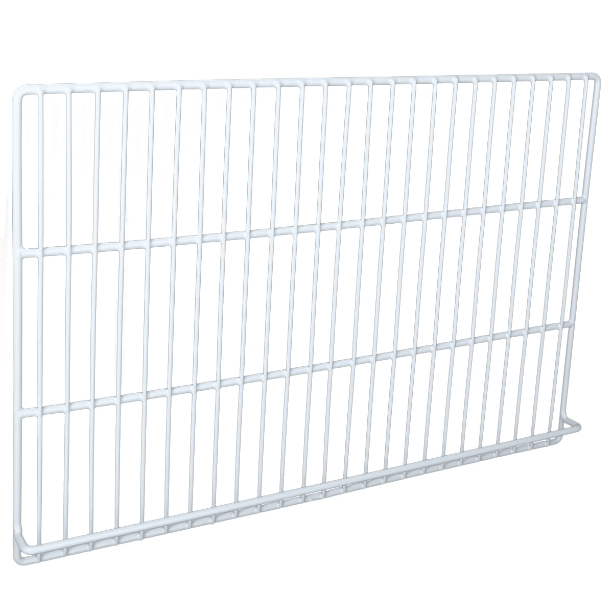 A white metal wire Right Shelf, model E-KSP29, with vertical and horizontal bars forming a grid pattern, viewed at an angle against a plain white background. The rectangular Empura Refrigeration accessory has slightly raised edges along the bottom.