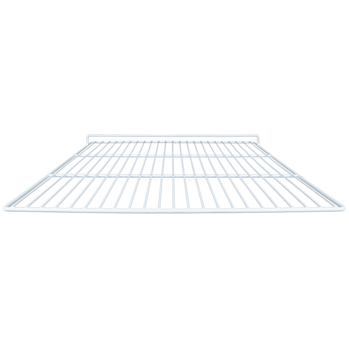 A white metal wire shelf viewed from the front, showing horizontal and vertical bars forming a rectangular grid. This Right Shelf has a simple, utilitarian design with a small raised lip at the back edge. The background is plain white.