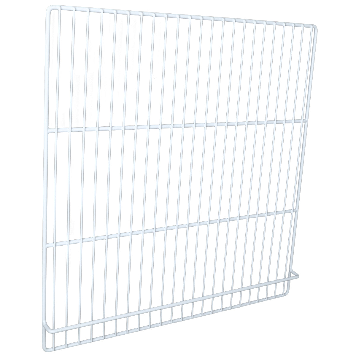 A white metal wire grid shelf, compatible with Empura Refrigeration units, features evenly spaced bars in a rectangular shape. The bottom edge includes an outward bar for added support or to act as a lip. Background is plain white.