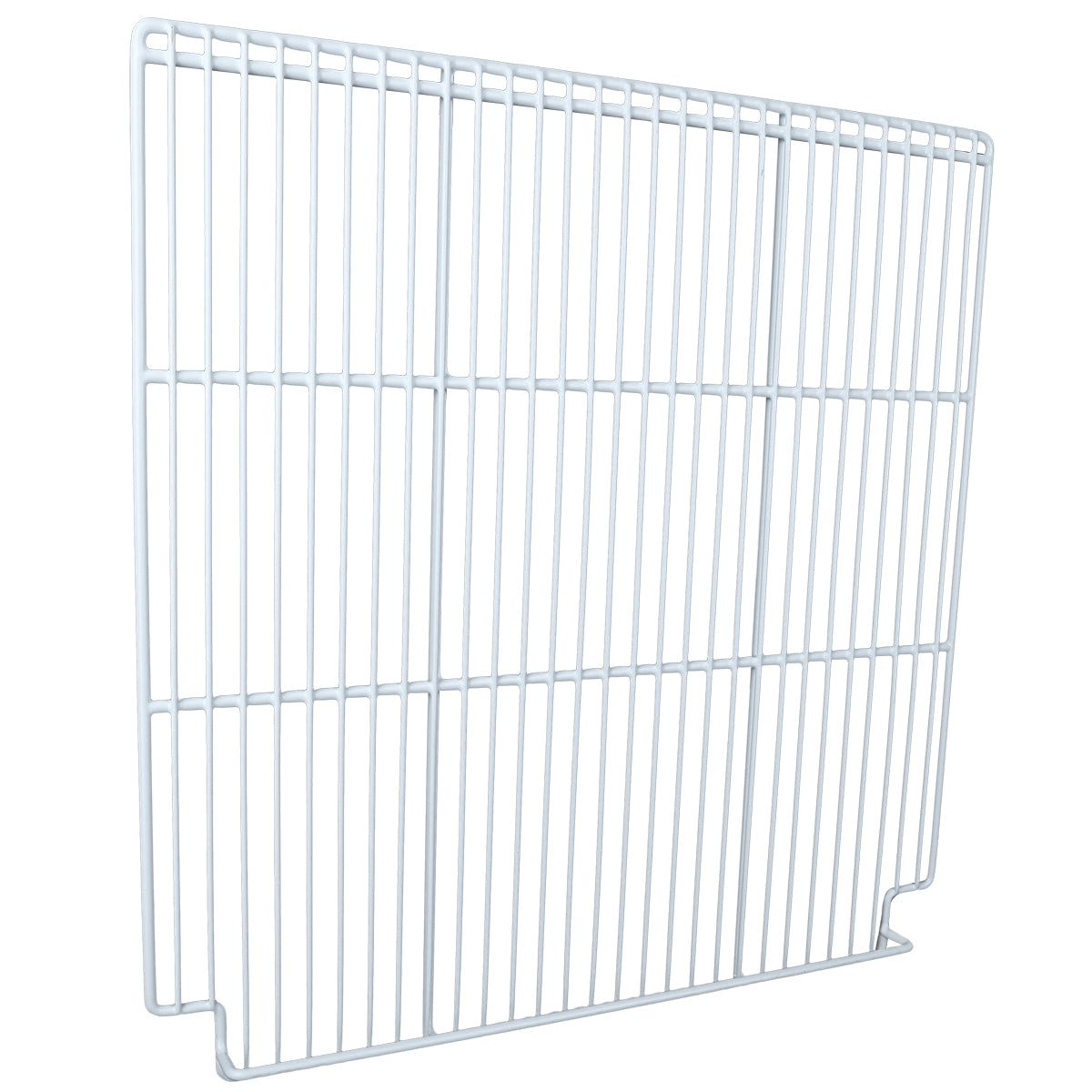 A rectangular white metal wire rack, compatible as a Right Shelf for Empura Refrigeration units, features evenly spaced bars and two short angled feet for support. The rack is photographed against a plain white background.