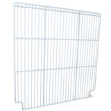 A rectangular white metal wire rack, compatible as a Right Shelf for Empura Refrigeration units, features evenly spaced bars and two short angled feet for support. The rack is photographed against a plain white background.