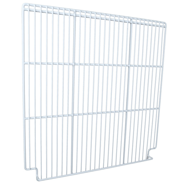 A rectangular white metal wire rack, compatible as a Right Shelf for Empura Refrigeration units, features evenly spaced bars and two short angled feet for support. The rack is photographed against a plain white background.