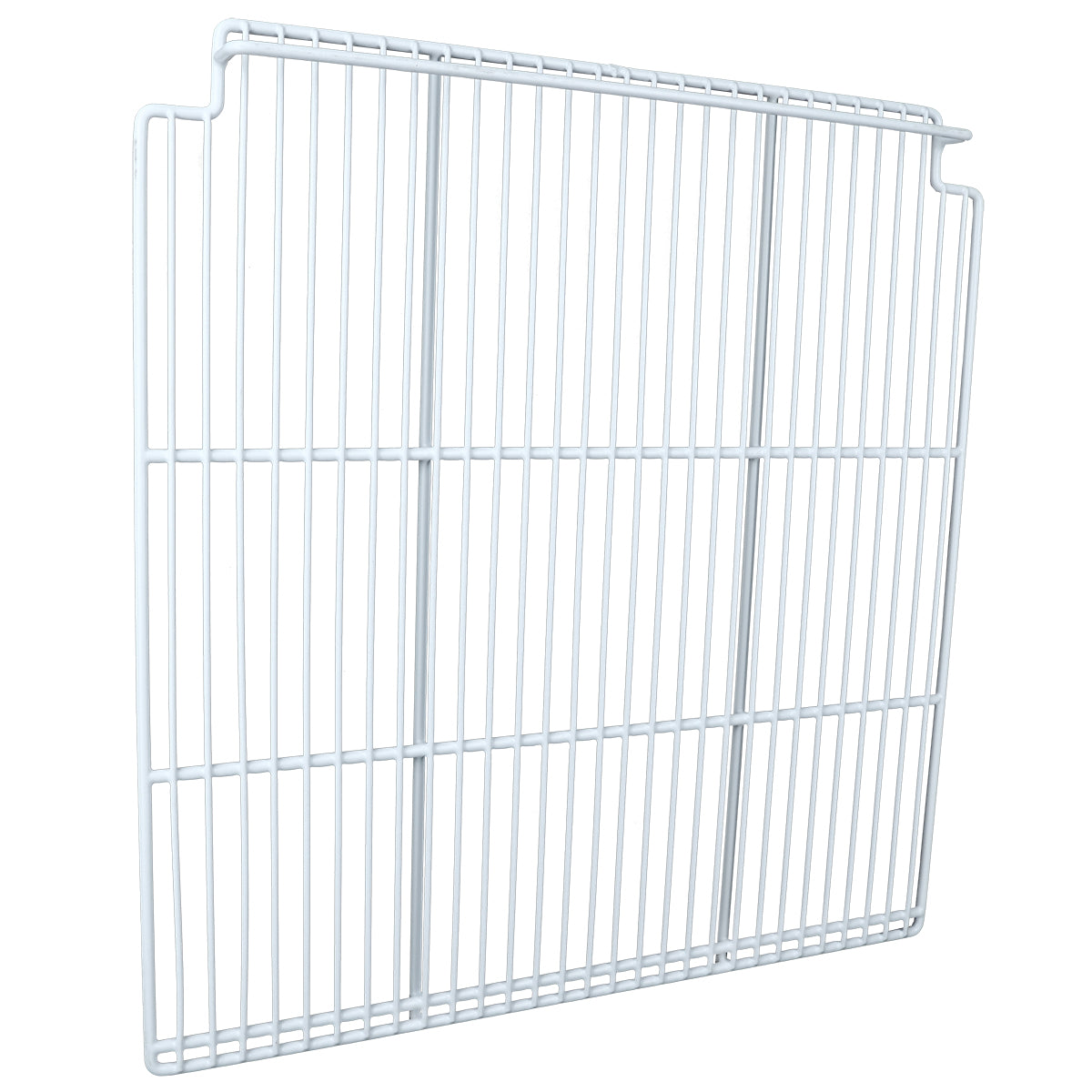 A white rectangular metal wire shelf with evenly spaced bars, featuring small notches at both top corners for secure attachment. This Right Shelf is designed for use with Empura Refrigeration or storage units.