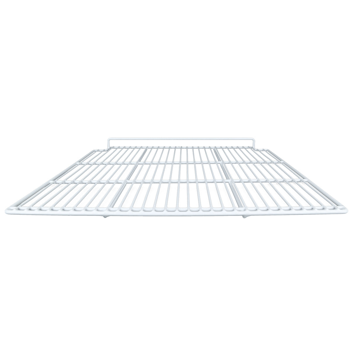 A metal wire Right Shelf is shown from a low, front-facing angle. The shelf features evenly spaced horizontal bars and a small vertical lip at the back. Its white color stands out against a plain, featureless background.