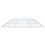 A metal wire Right Shelf is shown from a low, front-facing angle. The shelf features evenly spaced horizontal bars and a small vertical lip at the back. Its white color stands out against a plain, featureless background.