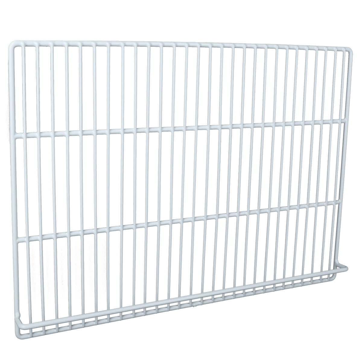 A white metal wire shelf panel, the E-KSP72 Middle Shelf features horizontal and vertical bars forming a grid pattern; this rectangular panel is designed for use with Empura Refrigeration units as shelving or a rack.
