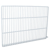 A white metal wire shelf panel, the E-KSP72 Middle Shelf features horizontal and vertical bars forming a grid pattern; this rectangular panel is designed for use with Empura Refrigeration units as shelving or a rack.