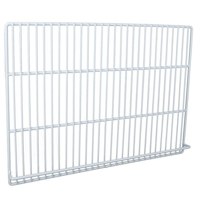 A white metal wire shelf panel, the E-KSP72 Middle Shelf features horizontal and vertical bars forming a grid pattern; this rectangular panel is designed for use with Empura Refrigeration units as shelving or a rack.