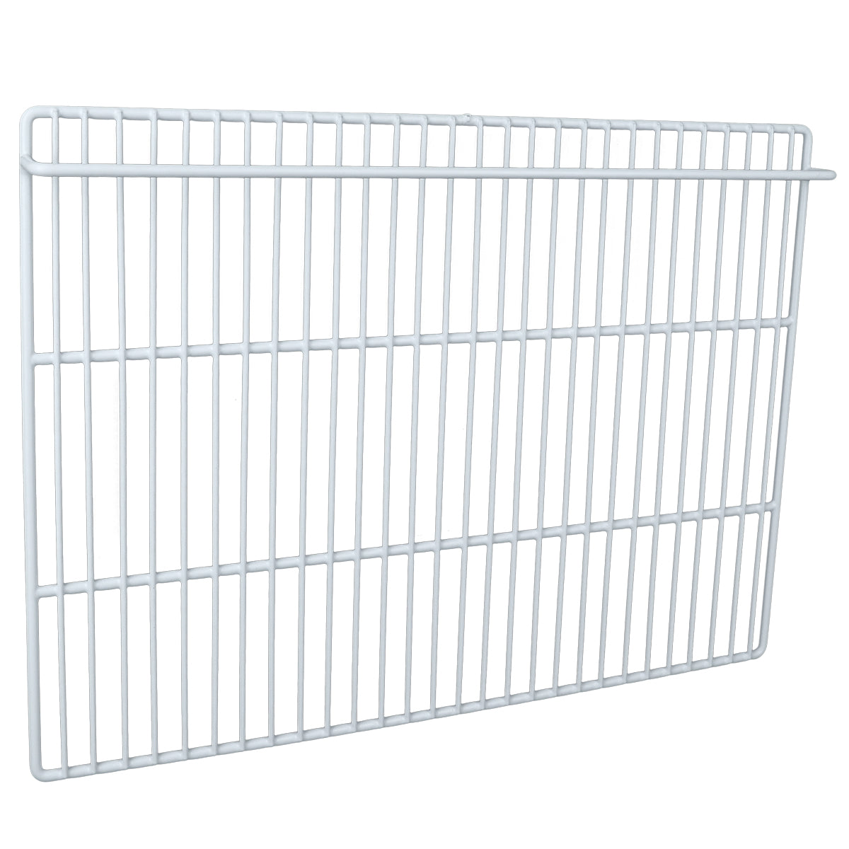A white metal wire middle shelf, such as the E-KSP72 for Empura Refrigeration, features closely spaced horizontal and vertical bars forming a rectangular grid. One side has a slightly raised edge for mounting or support. The background is plain white.