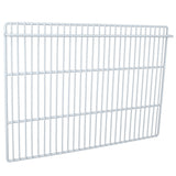 A white metal wire middle shelf, such as the E-KSP72 for Empura Refrigeration, features closely spaced horizontal and vertical bars forming a rectangular grid. One side has a slightly raised edge for mounting or support. The background is plain white.