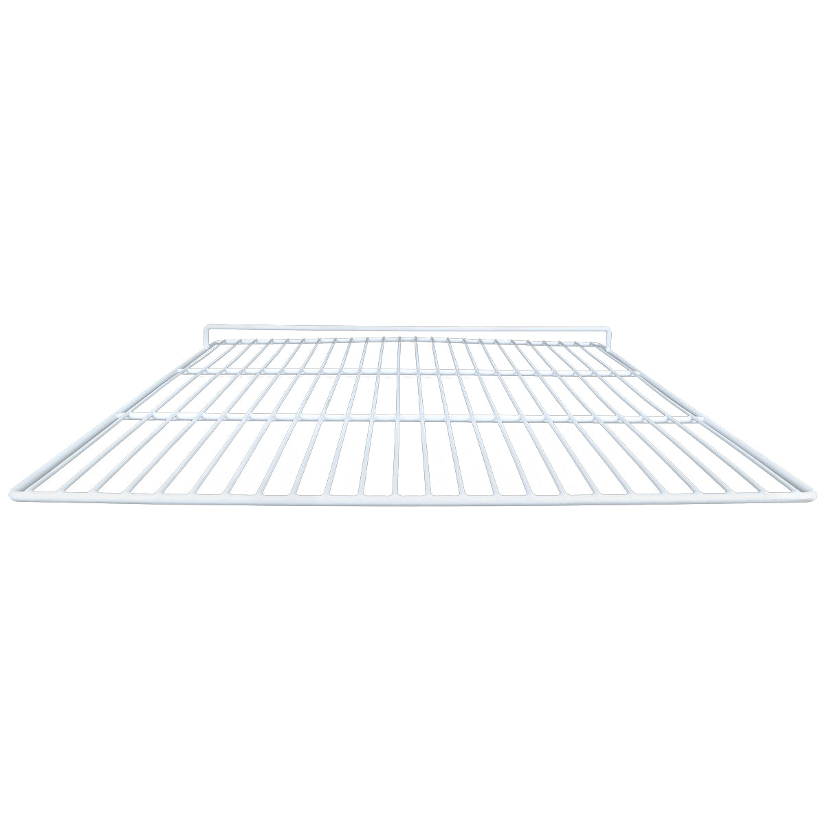 A white metal wire Right Shelf, viewed from a low angle, features evenly spaced horizontal bars, a front rim, and a raised back lip—ideal for storage or organization in closets, shelving units, or Empura Refrigeration systems.