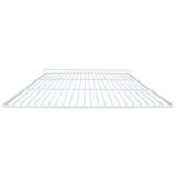 A white metal wire Right Shelf, viewed from a low angle, features evenly spaced horizontal bars, a front rim, and a raised back lip—ideal for storage or organization in closets, shelving units, or Empura Refrigeration systems.