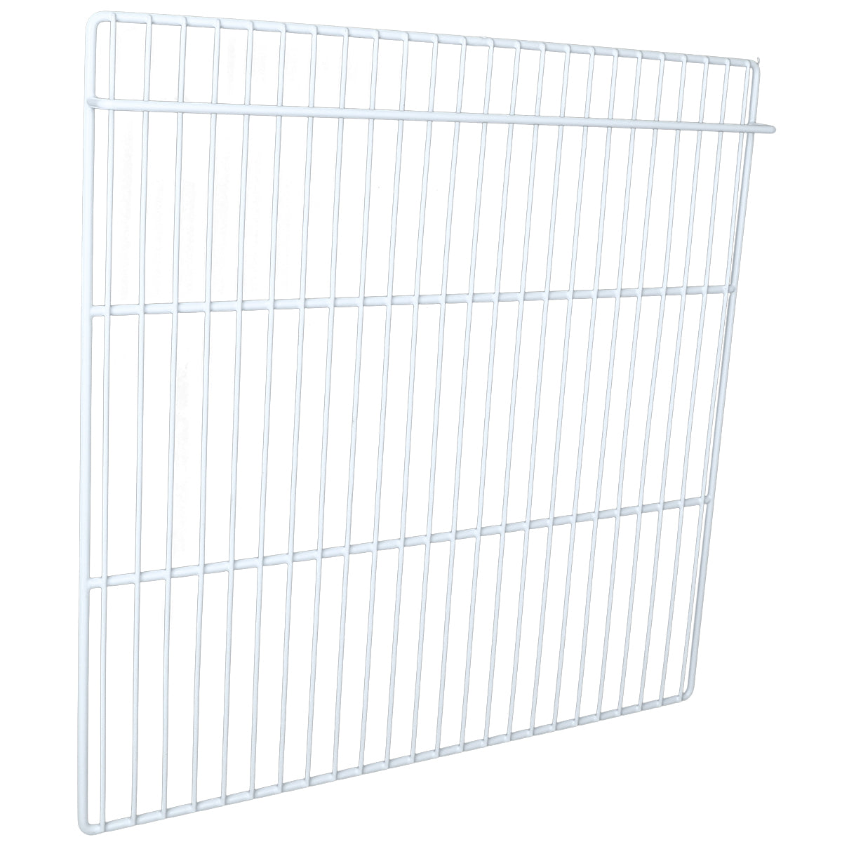A white metal wire grid panel, such as the E-KPP67 Right Shelf for Empura Refrigeration, features evenly spaced vertical and horizontal bars in a rectangular shape. Slightly tilted, it’s designed for shelving or storage against a plain white background.