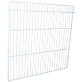 A white metal wire grid panel, such as the E-KPP67 Right Shelf for Empura Refrigeration, features evenly spaced vertical and horizontal bars in a rectangular shape. Slightly tilted, it’s designed for shelving or storage against a plain white background.