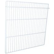 A white metal wire grid panel, such as the E-KPP67 Right Shelf for Empura Refrigeration, features evenly spaced vertical and horizontal bars in a rectangular shape. Slightly tilted, it’s designed for shelving or storage against a plain white background.