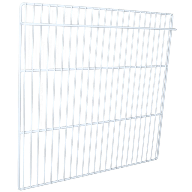 A white metal wire grid panel, such as the E-KPP67 Right Shelf for Empura Refrigeration, features evenly spaced vertical and horizontal bars in a rectangular shape. Slightly tilted, it’s designed for shelving or storage against a plain white background.