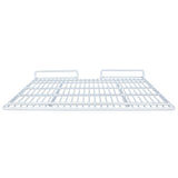 A white metal wire left shelf, model EGM-16FB by Empura Refrigeration, is viewed from the front. It features horizontal and vertical bars forming a grid pattern and two raised rectangular brackets at the back for mounting. The background is plain white.