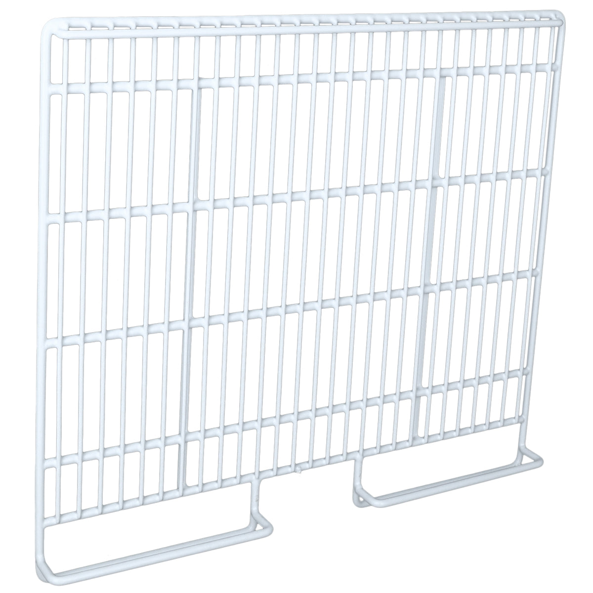 A white rectangular metal wire shelf, model EGM-16FB, with multiple evenly spaced bars stands on two rectangular feet for support. This Left Shelf is designed for Empura Refrigeration units, offering a simple and functional storage solution.