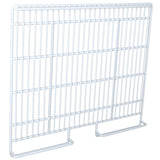 A white rectangular metal wire shelf, model EGM-16FB, with multiple evenly spaced bars stands on two rectangular feet for support. This Left Shelf is designed for Empura Refrigeration units, offering a simple and functional storage solution.
