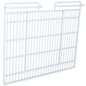 A white metal wire Left Shelf with vertical and horizontal bars, featuring a rectangular shape and a U-shaped notch at the top center. Two squared hooks extend from the top corners for hanging or mounting in Empura Refrigeration units.