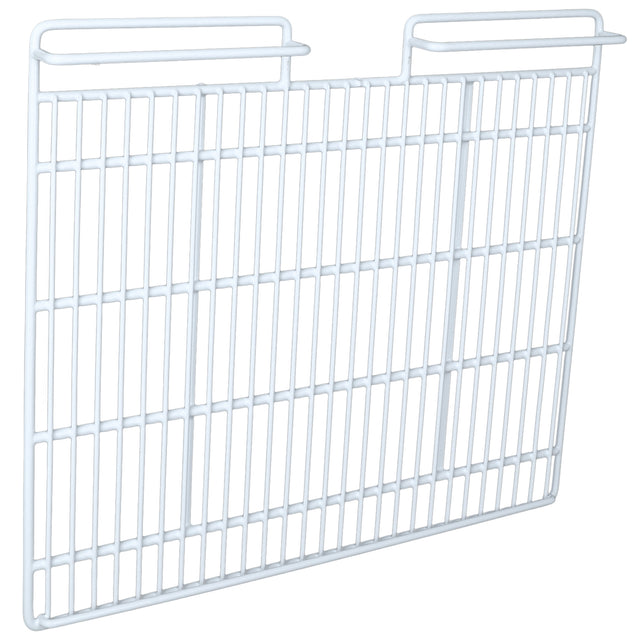 A white metal wire Left Shelf with vertical and horizontal bars, featuring a rectangular shape and a U-shaped notch at the top center. Two squared hooks extend from the top corners for hanging or mounting in Empura Refrigeration units.