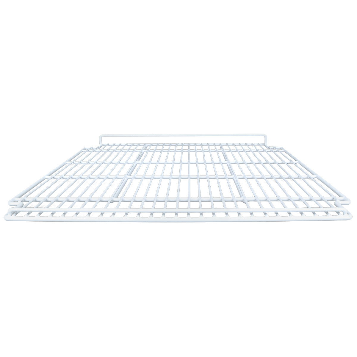 A white metal wire Right Shelf, viewed from the front at a low angle, shows horizontal and vertical bars forming a grid pattern. Clean and sturdy, it’s suitable for storage or organizational use in Empura Refrigeration units or as Empura Parts.