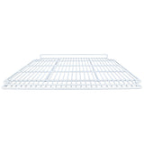 A white metal wire Right Shelf, viewed from the front at a low angle, shows horizontal and vertical bars forming a grid pattern. Clean and sturdy, it’s suitable for storage or organizational use in Empura Refrigeration units or as Empura Parts.