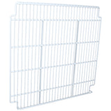 A white, rectangular metal wire shelf with evenly spaced bars forming a grid pattern. This Empura Parts right shelf features extended edges for secure placement within an Empura Refrigeration shelving unit or storage rack.