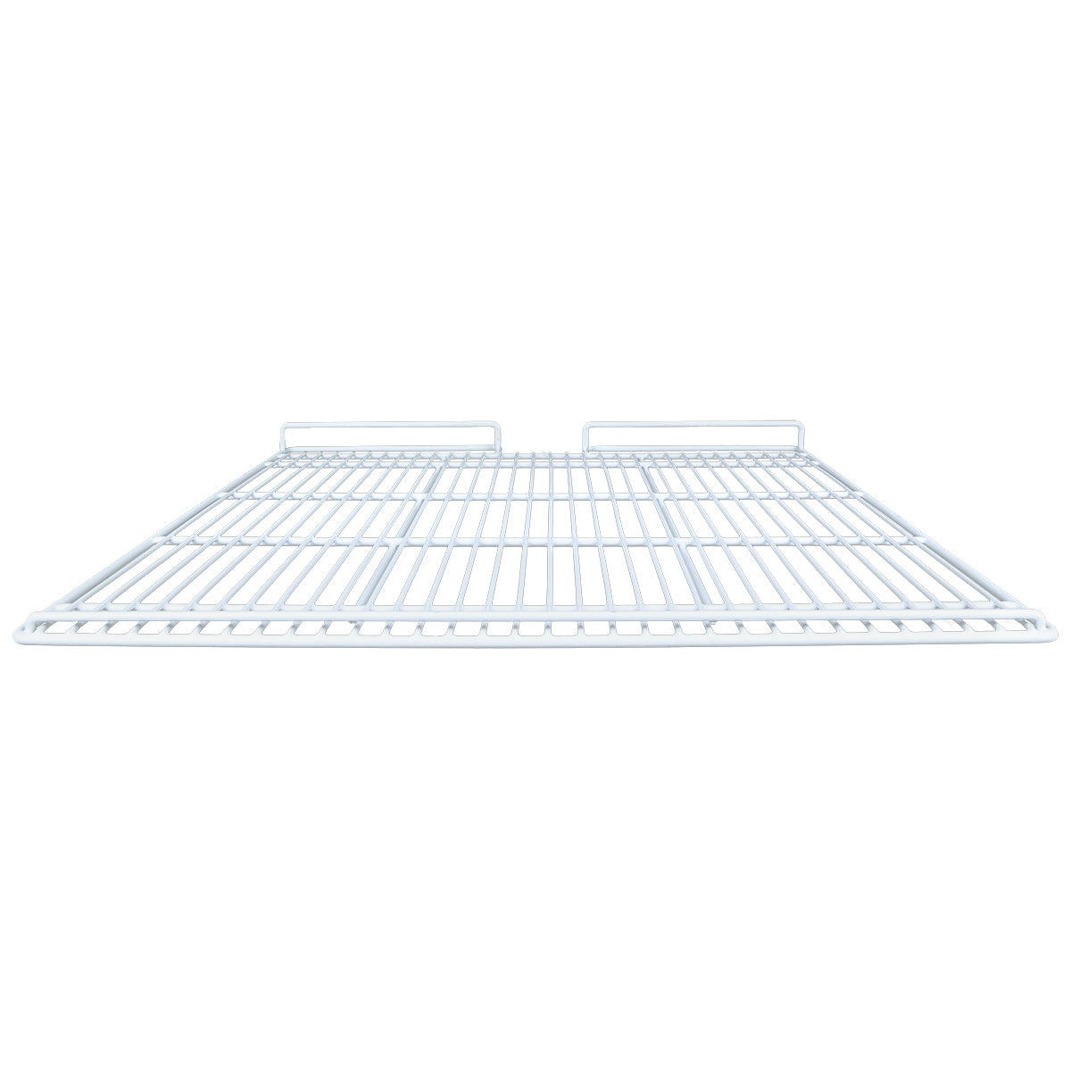 A white wire middle shelf, such as the Empura Refrigeration EGM-75W, is pictured from a low, front-facing angle. The shelf has horizontal and vertical metal bars with two raised sections at the back for mounting or support.