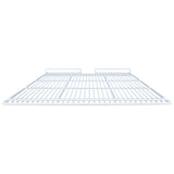 A white wire middle shelf, such as the Empura Refrigeration EGM-75W, is pictured from a low, front-facing angle. The shelf has horizontal and vertical metal bars with two raised sections at the back for mounting or support.