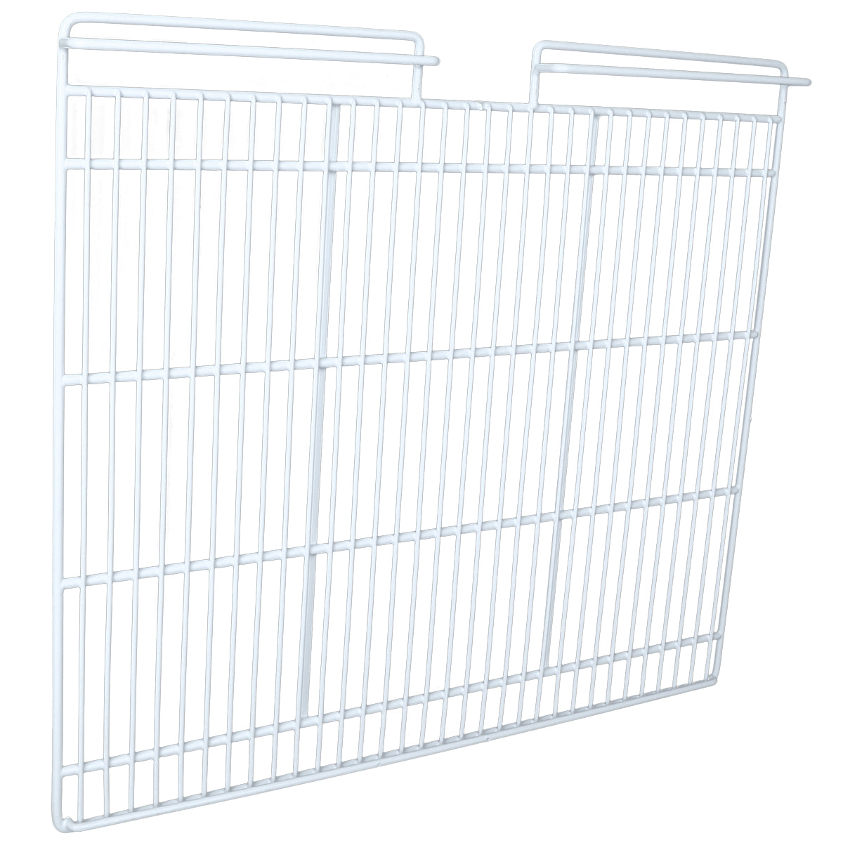A white metal wire shelving panel, compatible with EGM-75W Empura Refrigeration units, features evenly spaced bars and two hooks at the top corners. Shown against a plain white background from both front and angled side views as a middle shelf option.
