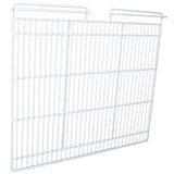 A white metal wire shelving panel, compatible with EGM-75W Empura Refrigeration units, features evenly spaced bars and two hooks at the top corners. Shown against a plain white background from both front and angled side views as a middle shelf option.