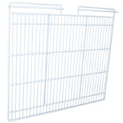 A white metal wire shelving panel, compatible with EGM-75W Empura Refrigeration units, features evenly spaced bars and two hooks at the top corners. Shown against a plain white background from both front and angled side views as a middle shelf option.