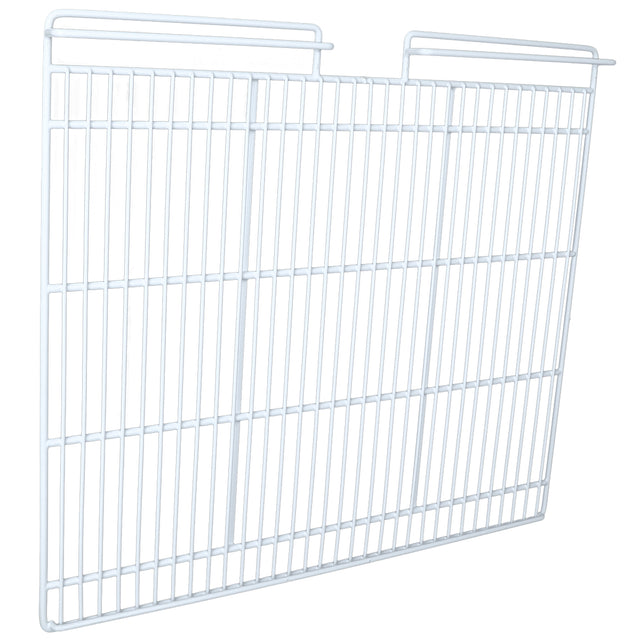 A white metal wire shelving panel, compatible with EGM-75W Empura Refrigeration units, features evenly spaced bars and two hooks at the top corners. Shown against a plain white background from both front and angled side views as a middle shelf option.