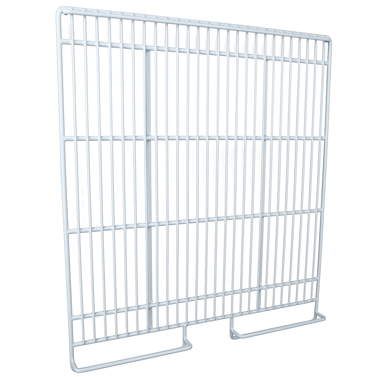 A white metal rectangular grate with evenly spaced vertical and horizontal bars, and two rectangular feet at the bottom for stability. This simple, functional design is often used as a guard or barrier in Empura Refrigeration units. The background is plain white.