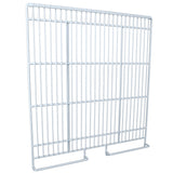 A white metal rectangular grate with evenly spaced vertical and horizontal bars, and two rectangular feet at the bottom for stability. This simple, functional design is often used as a guard or barrier in Empura Refrigeration units. The background is plain white.