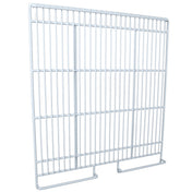 A white metal rectangular grate with evenly spaced vertical and horizontal bars, and two rectangular feet at the bottom for stability. This simple, functional design is often used as a guard or barrier in Empura Refrigeration units. The background is plain white.