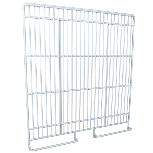 A white metal rectangular grate with evenly spaced vertical and horizontal bars, and two rectangular feet at the bottom for stability. This simple, functional design is often used as a guard or barrier in Empura Refrigeration units. The background is plain white.