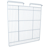 A rectangular, white metal wire shelf from Empura Parts with evenly spaced bars, designed for hanging. Two hooks extend upward from the corners for mounting onto Empura Refrigeration units. The design is open and minimalist.