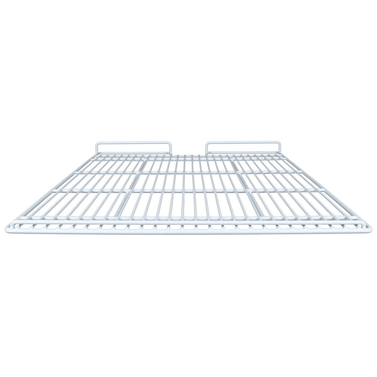 A white metal wire Left Shelf, compatible with Empura Refrigeration units, is shown from a front, low-angle view. The shelf features evenly spaced horizontal and vertical bars, with two small raised sections at the back edge for stability.