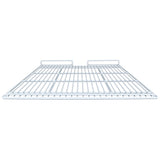 A white metal wire Left Shelf, compatible with Empura Refrigeration units, is shown from a front, low-angle view. The shelf features evenly spaced horizontal and vertical bars, with two small raised sections at the back edge for stability.