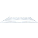 A white, rectangular Empura Refrigeration wire rack shelf viewed from the front at a low angle. The grid pattern is made of evenly spaced metal wires, and a small raised edge along the back prevents items from sliding off this middle shelf.