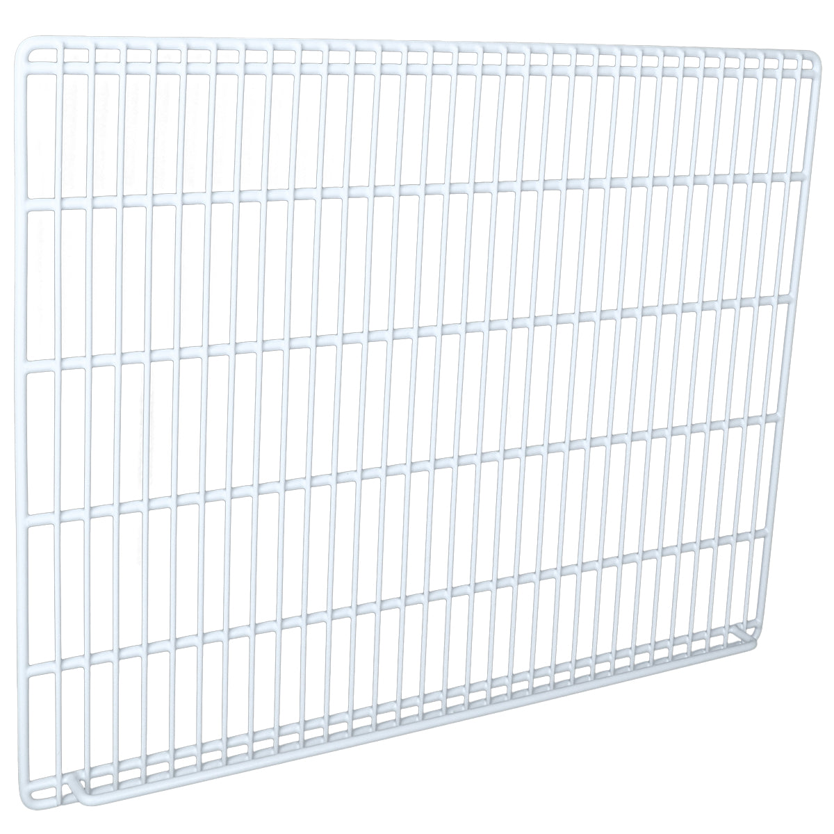 A white rectangular metal wire middle shelf with evenly spaced horizontal and vertical bars, creating a grid pattern. This Empura Parts shelf is viewed at an angle against a plain white background.