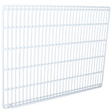 A white rectangular metal wire middle shelf with evenly spaced horizontal and vertical bars, creating a grid pattern. This Empura Parts shelf is viewed at an angle against a plain white background.
