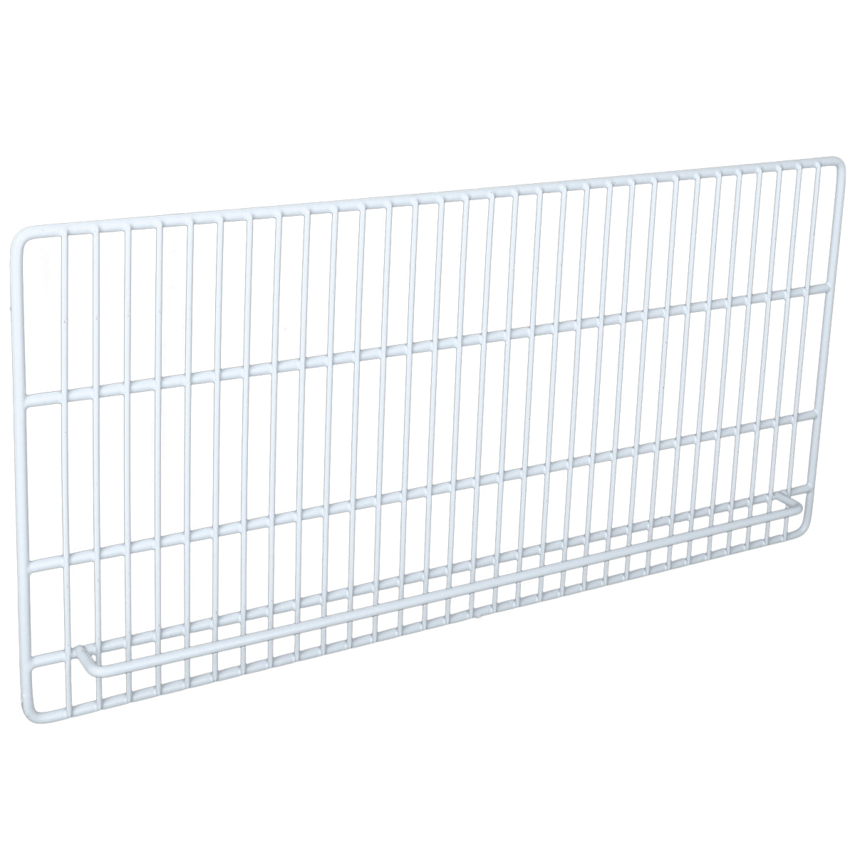 A white, rectangular metal wire bottom shelf with evenly spaced bars, viewed at an angle against a plain background. This open-grid Empura Parts shelf is designed for storage or organization in Empura Refrigeration units.